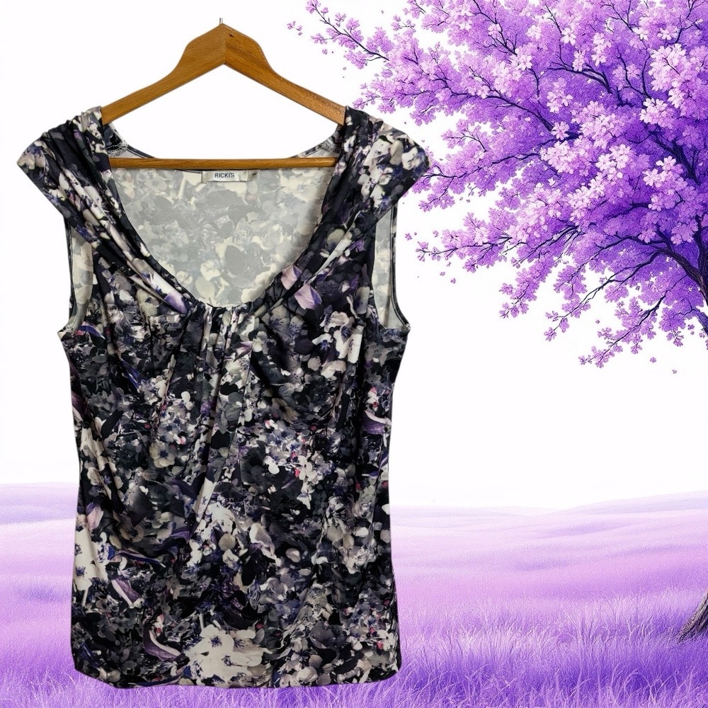 RICKI’S Cap Sleeve Ruched Purple-White-Pink Floral Top, Medium